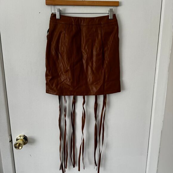Micas Brown Faux Leather Fringe Mini Skirt Boho Festival Party Wear M - Picture 10 of 10